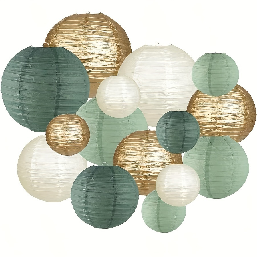 

15pcs Paper Lanterns Set, Round Hanging Decor, Golden/ivory/sage Green, Festive Decorations For Rustic Parties, Wedding, Bridal Shower & Birthday Supplies