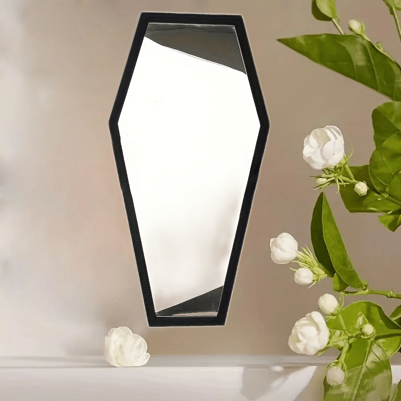 

Gothic Coffin Shaped Wall Hanging Mirror With Wooden Art Deco Style Corner Shelf For Various Room Types