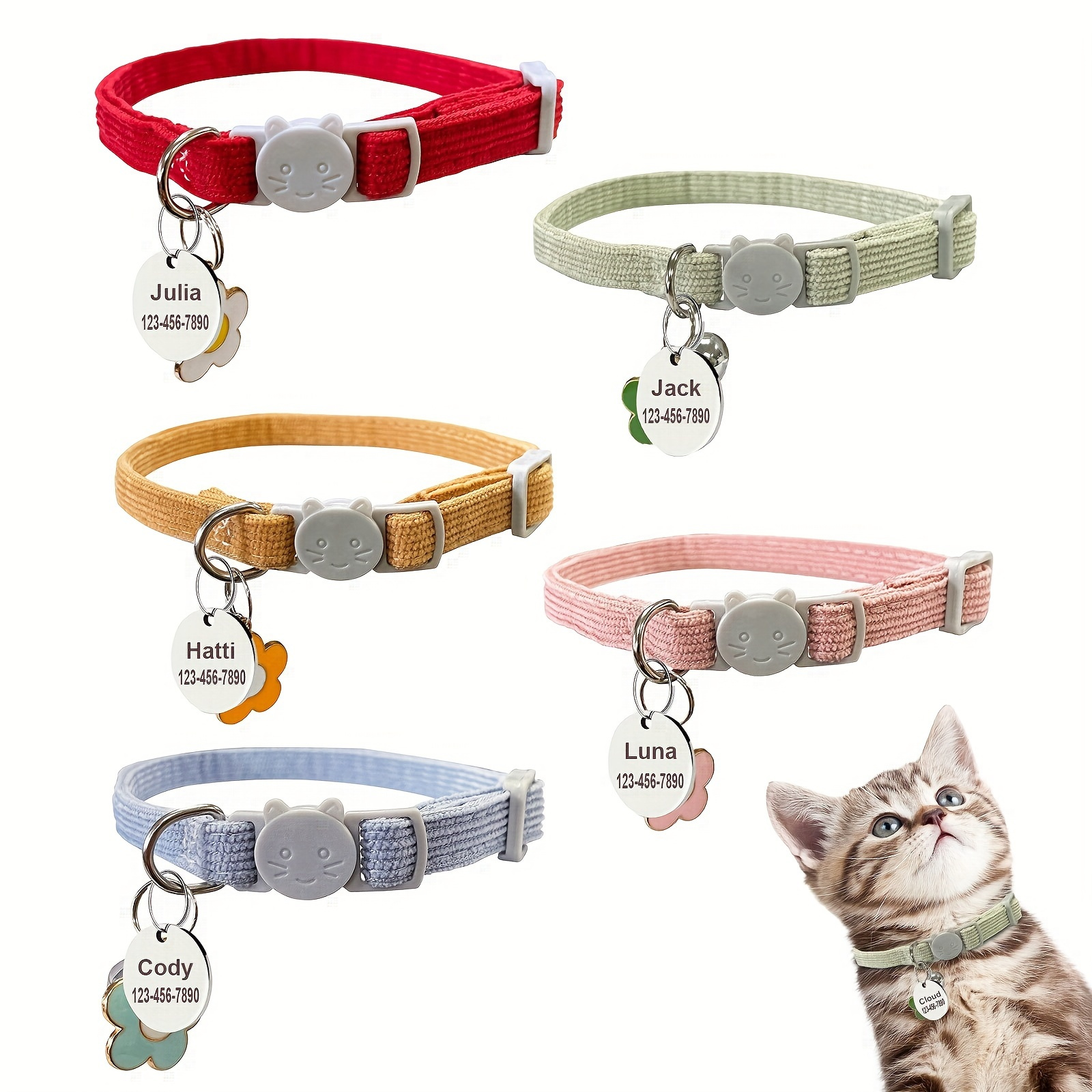 

anti-lost Design" Customizable Velvet Cat Collar With Bell & Id Tag - Soft Corduroy, Cartoon Design, Personalized Pet Name & Phone Number For Safety