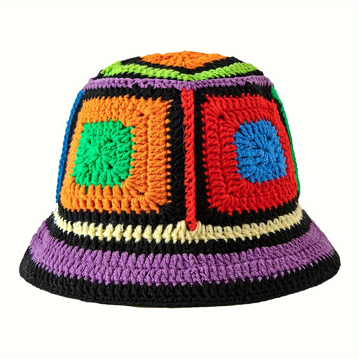 

1pc Colorful Crochet Knit Fisherman Hat Unisex Fashionable Bucket Cap Geometric Contrast Weave Casual Versatile Accessory For All Seasons