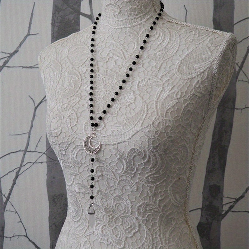 

Hexagonal Long Strip Pendant Vintage Hollow Moon Necklace Black Rosary Neck Chain Accessories