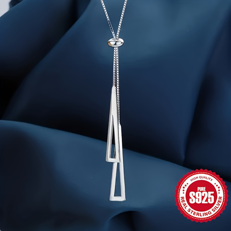 

Sterling Silver S925 Geometric Triangle Tassel Lariat Necklace, Elegant & Sexy Style, Vintage Slider Pendant, Unique Asymmetric Jewelry Gift For Women