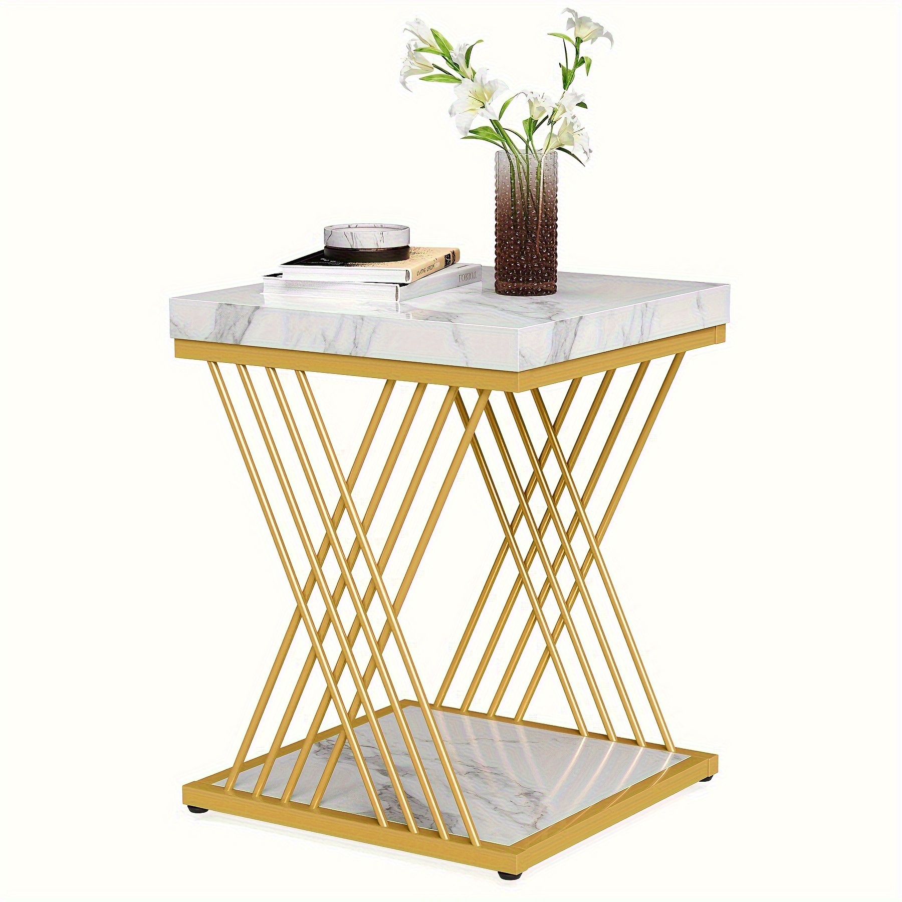 

Little Tree Square Side Table, White Gold End Table, 2-tier End Table, Modern Bedside Table, Small Side Table With Storage For Couch, Sofa Side Table With Metal Frame For Living Room