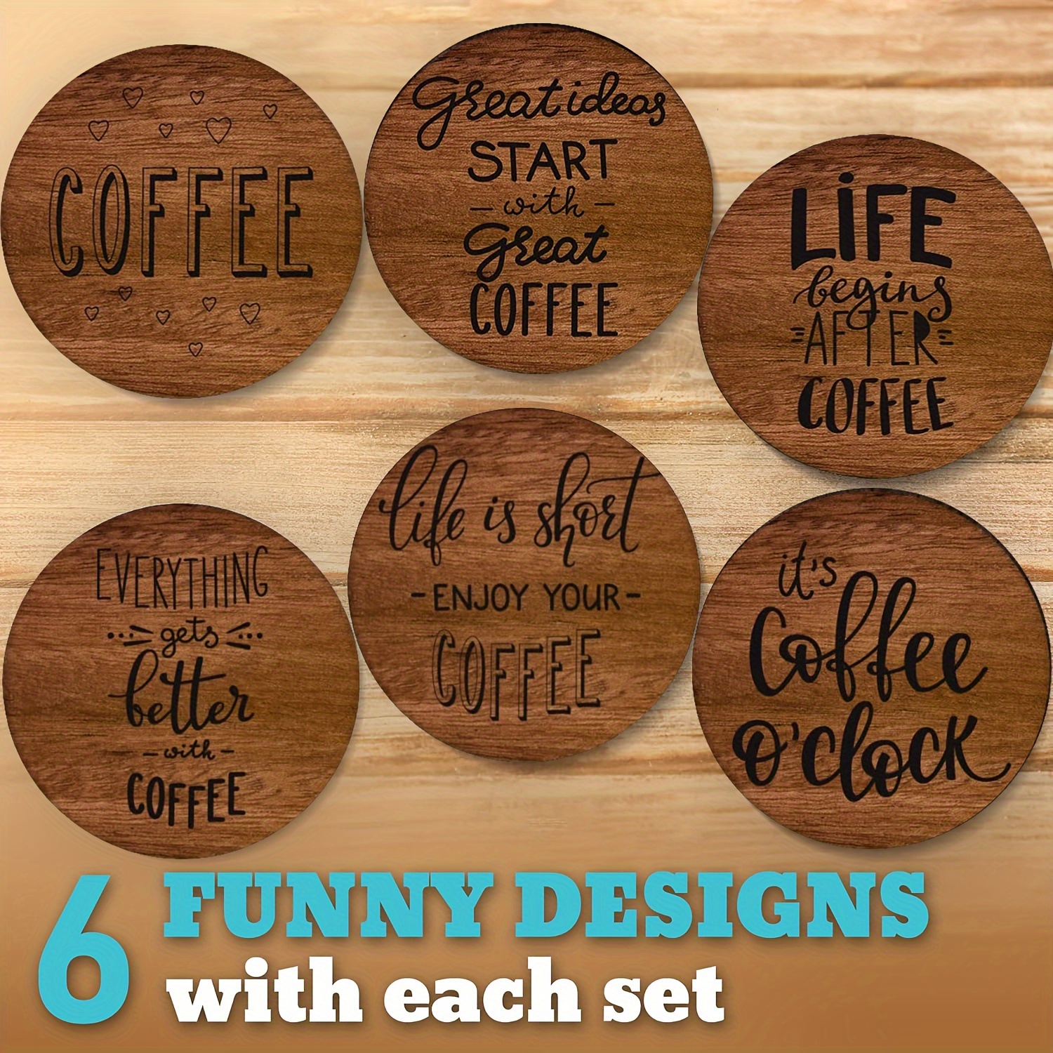 

6-piece Set Wooden Coffee Coasters - Heat-resistant, Decorative Table Mats For Mugs - Perfect For Cafes, Offices, Kitchens & Restaurants - Ideal Birthday Or Christmas Gift