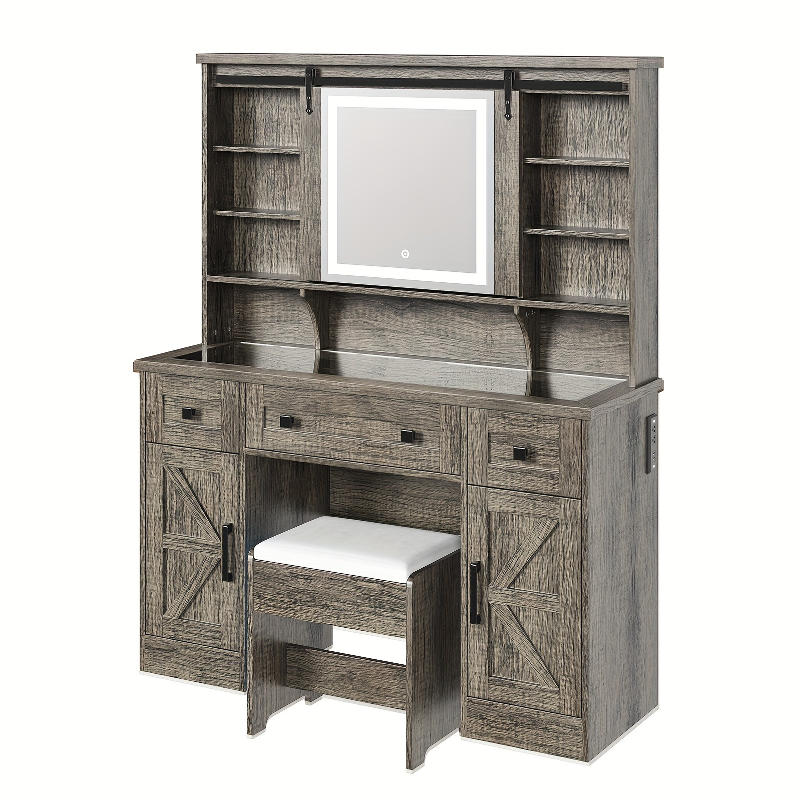 

Farmhouse Makeup Vanity Desk With Sliding Mirror And Lights, 47'' Glass Tabletop Vanity Table With Charging Station, Large Vanity Set With Drawers, Stool, Barndoor Cabinets For Bedroom