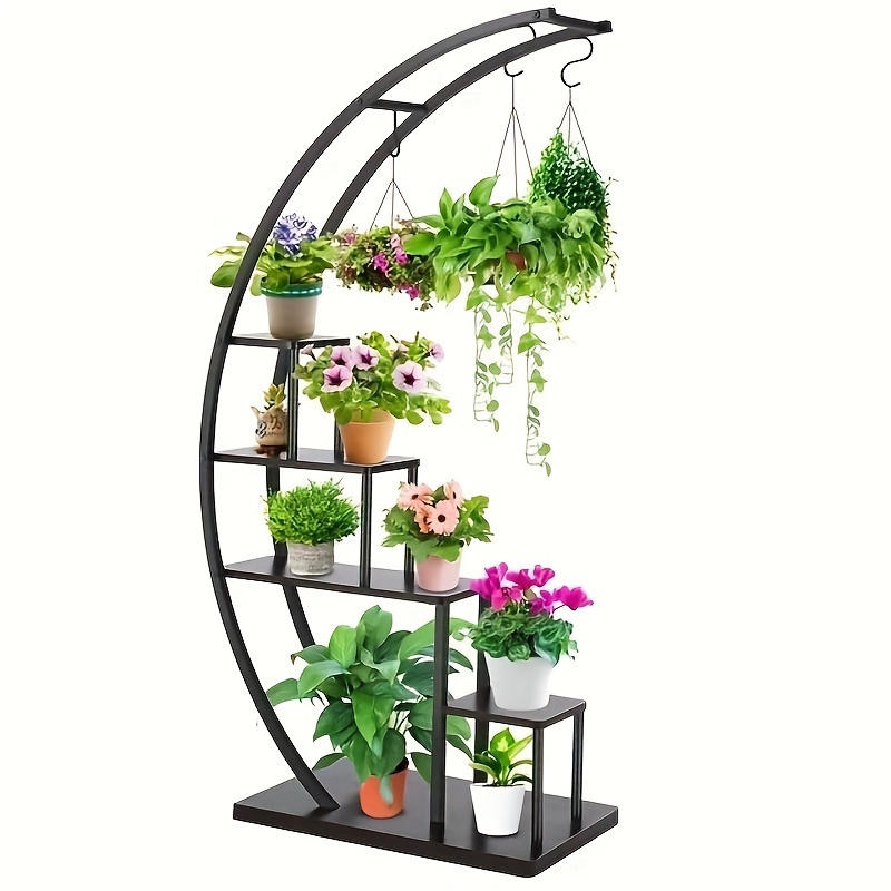 

5 Tier Plant Stand For Indoor Plants, Half Moon Shape Plant Shelf With Hanging Hook, Multiple Planter Display For Home Decor, Living Room, Balcony, And Bedroom