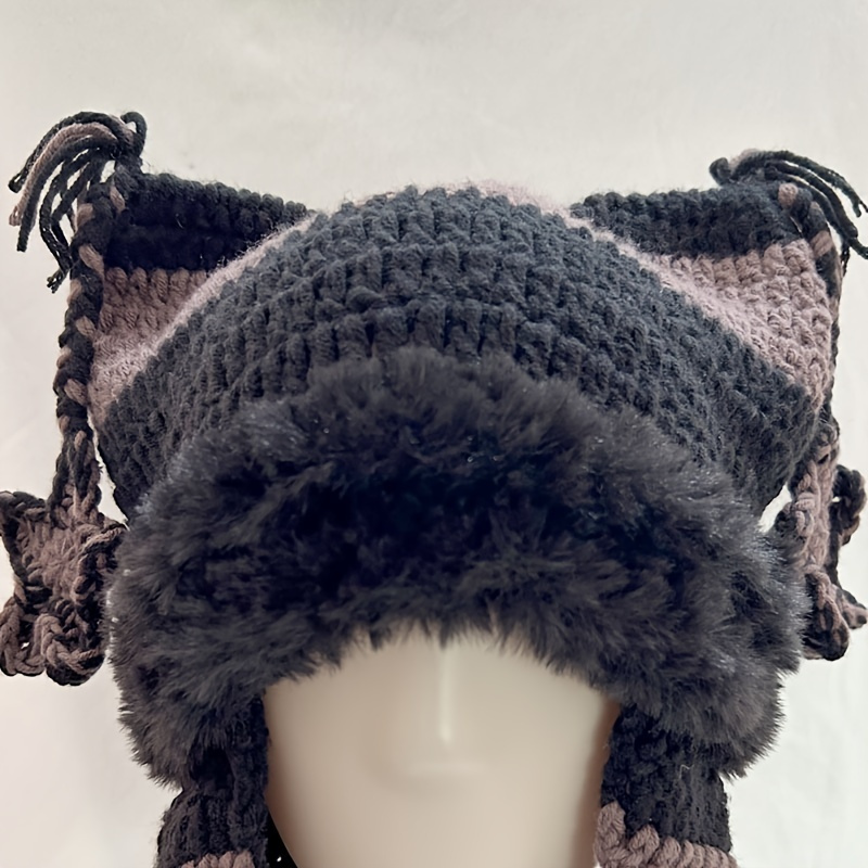 

Unisex Warm Wool Knitted Hat, Soft Thick Winter Beanie With Faux Fur Lining, Stylish Ear Flaps & Tassels For Cold Weather Outdoor Use