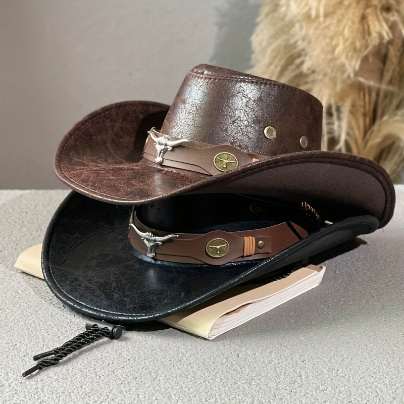 

Unisex Western Cowboy Hat, Vintage Adjustable Rider Cap With Flat Top, Distressed Leather Jazz Hat With Hat Rest