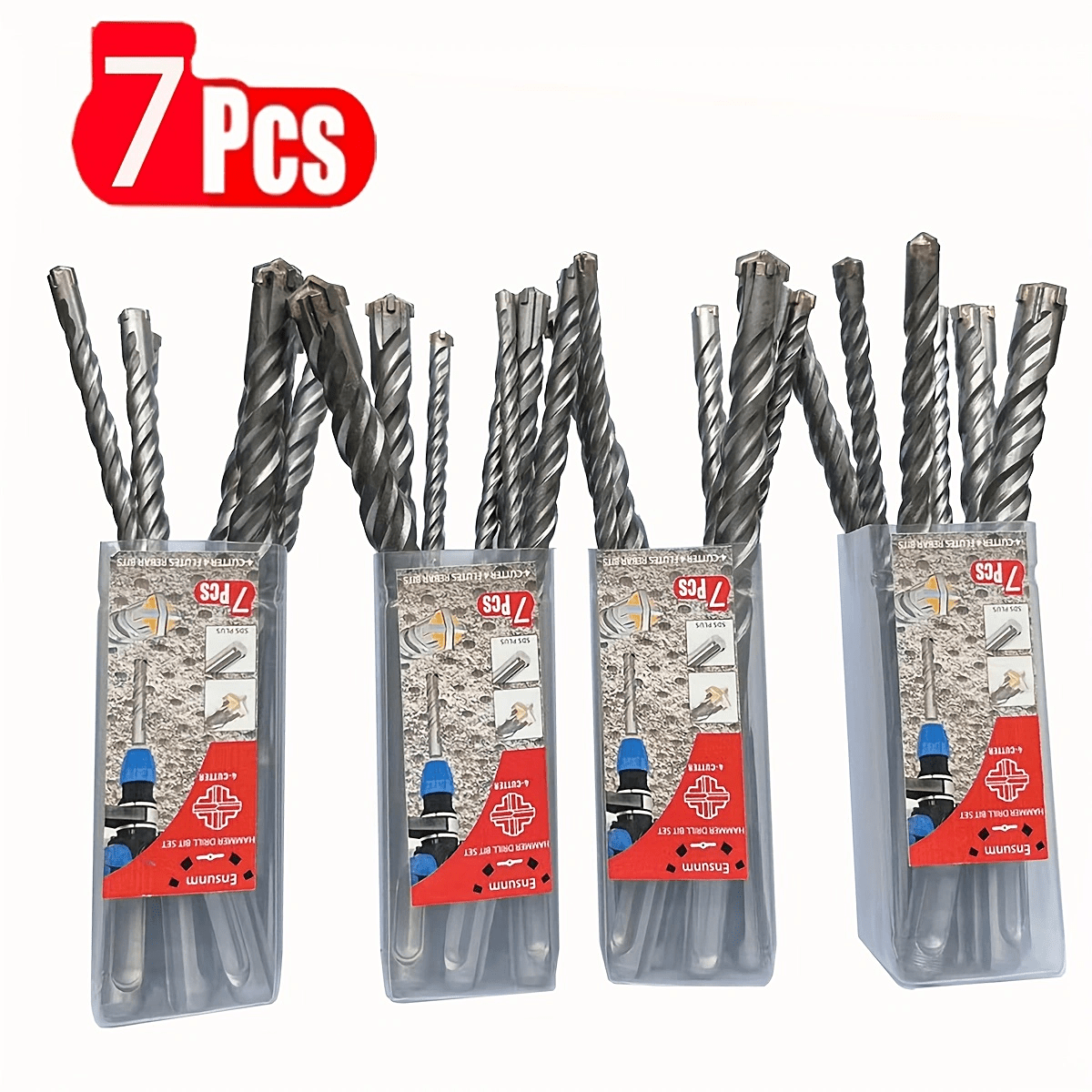 

7-piece Tungsten Steel Sds Plus Drill Bit Set, Grey, Phillips Head, Metal Surface, No Assembly, Home Decor Use, Cross Head 4-blade For Masonry, Concrete, Brick, Stone - 5mm To 14mm Sizes