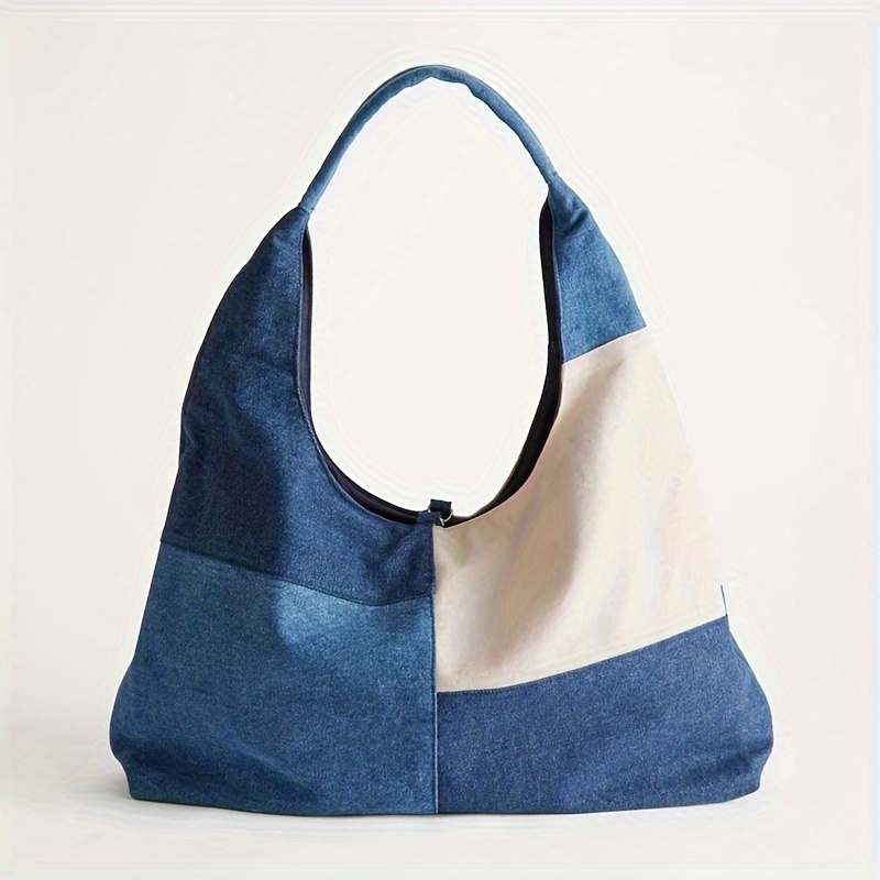 

Patchwork Design Tote Bag, Trendy Canvas Shoulder Bag, Literary Large Hobo Bag For School Travel Work