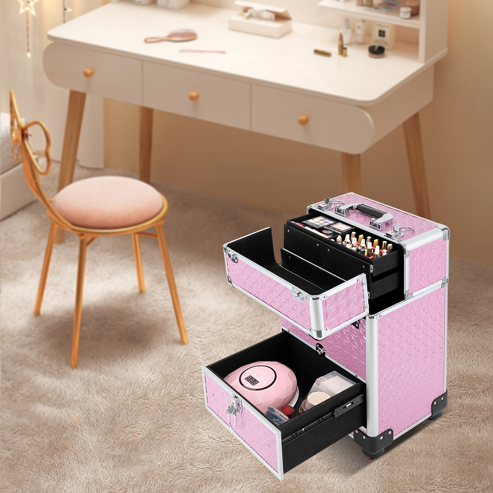 professional makeup case with wheels large capacity trolley cosmetic organizer aluminum alloy personal care product dispenser fragrance tool box details 0