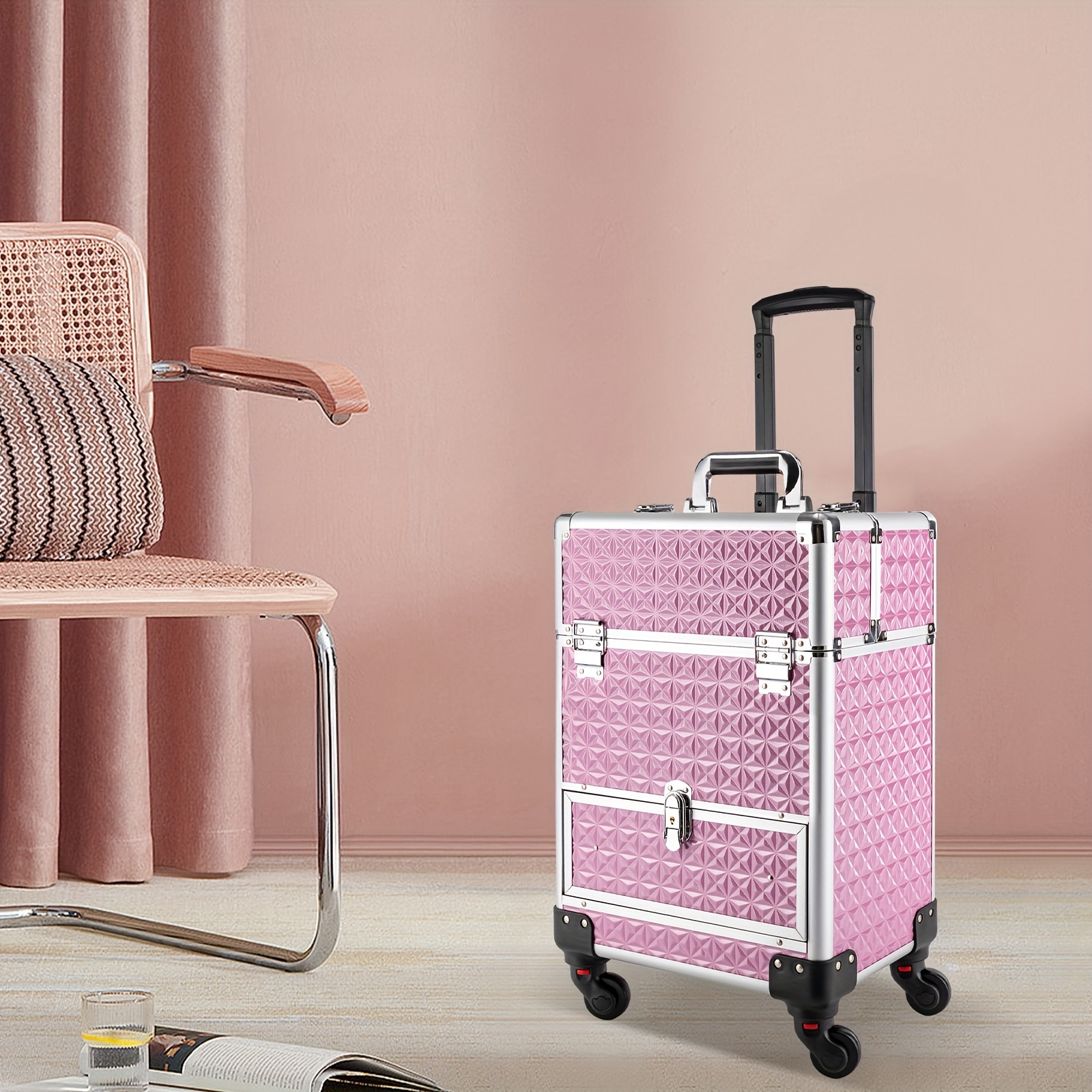 professional makeup case with wheels large capacity trolley cosmetic organizer aluminum alloy personal care product dispenser fragrance tool box details 1