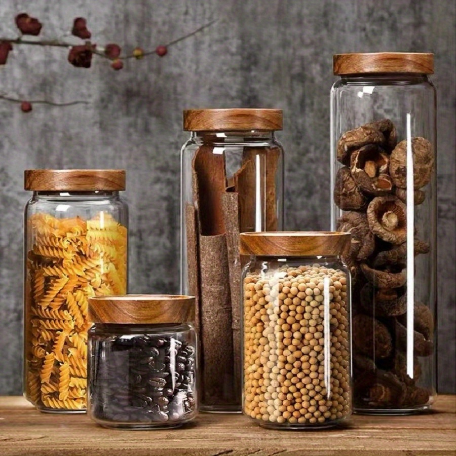 1pc airtight glass storage jar with bamboo lid multipurpose freezer safe kitchen container for candy   rice coffee beans snacks spices clear round canister details 6