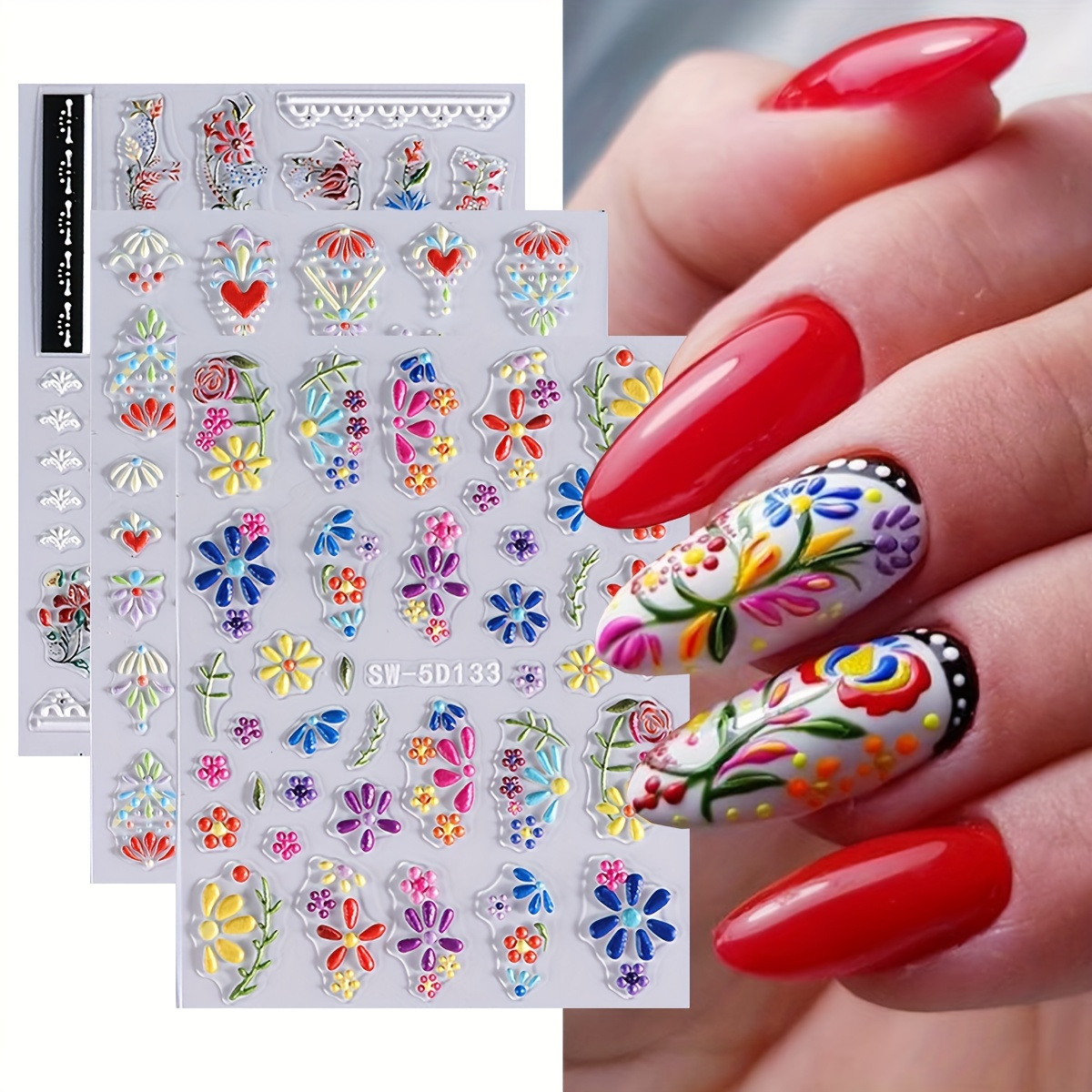 

5d Embossed Colorful Flower Nail Art Stickers - Plastic Self-adhesive Floral Decals With Fantasy Theme For Spring Manicure Decoration - Single Use, Matte Finish, Unscented (pack Of 3 Sheets)