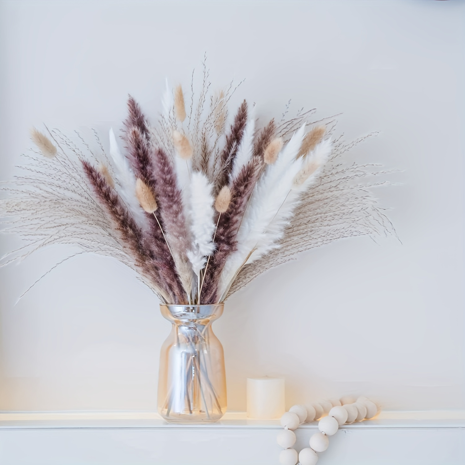 

60pcs Natural Rattan Dried Pampas Grass Bundle With Bunny Tails, Boho Wedding & Home Table Decor, St Patrick's Easter Spring Summer Props