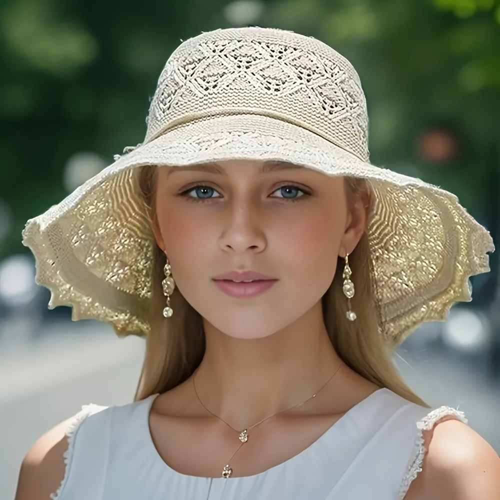 

Women's Elegant Sun Hat Knitting Beach Cap With Flower Design Suitable For Vacation Outdoor Sunshade