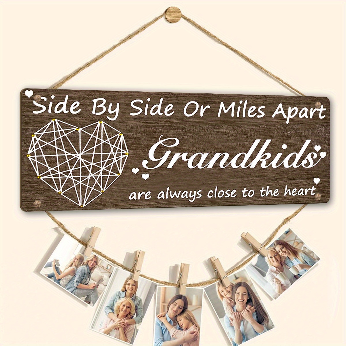 

Rustic Wooden Grandkids Photo Frame - Side By Side Or Design With Clips & Twine, Perfect For Living Room & Bedroom Decor