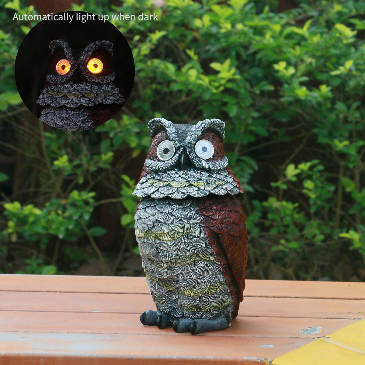 Resin Owl Garden Statue With Solarpowered Led Eyes, Rotating Head