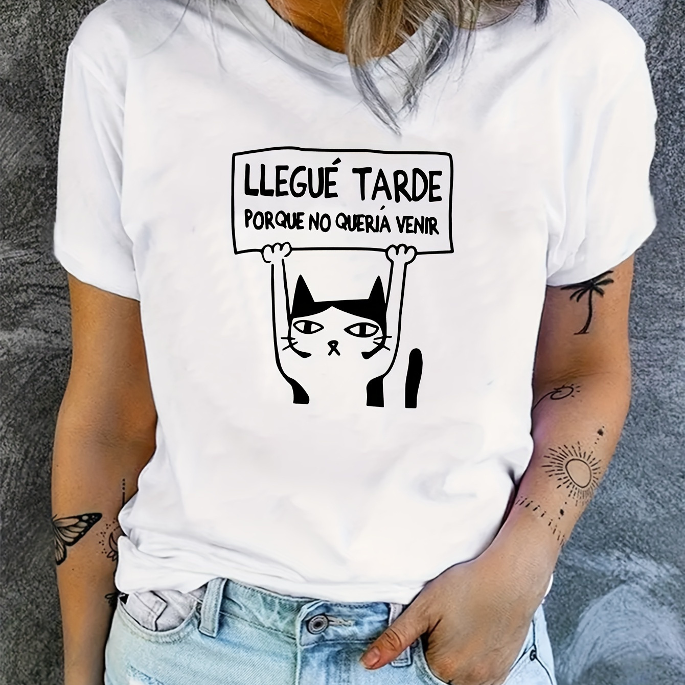 

Cat Print Round Neck Sports T-shirt, Short Sleeve Running Casual Tops, Women's Activewear