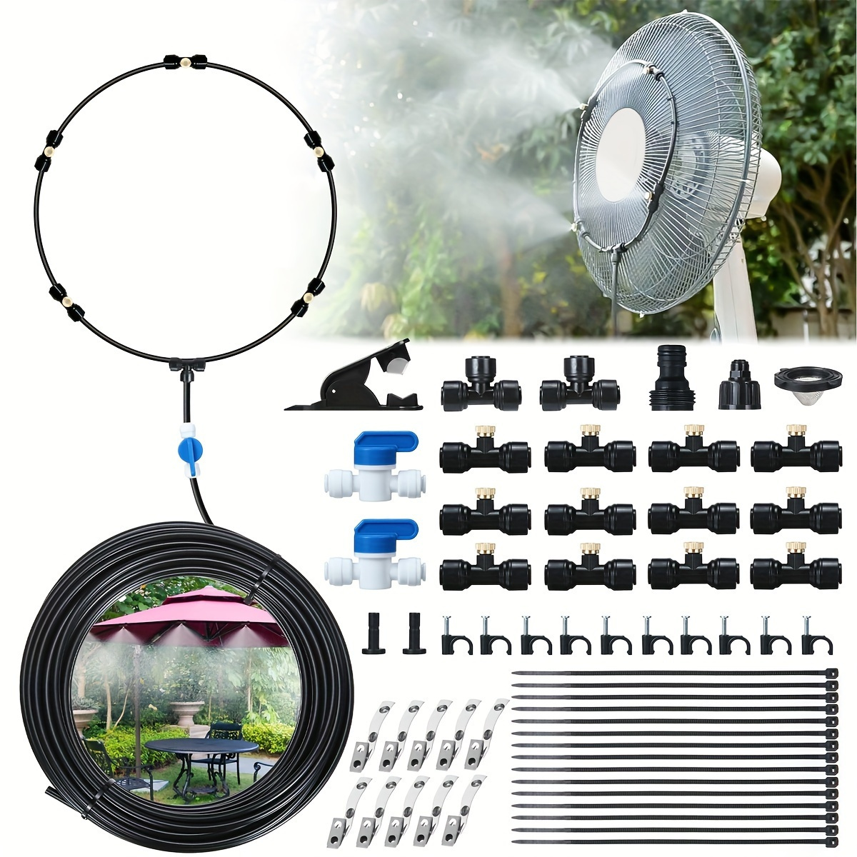 TEMU Misters For Outside Patio, Outdoor Water Misting Cooling System, 50ft 15m. backyard Mist Kit For Garden, Greenhouse, Fan, Deck, Umbrella, Canopy, Pool, Porch. trampoline Sprinkler Park, Accessories