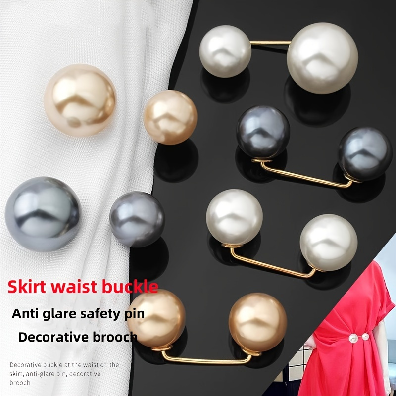 

6pcs Pearl Skirt Waist Closure Pins - Anti-slip Collar Brooch Buckle In White, Champagne, And Grey Colors