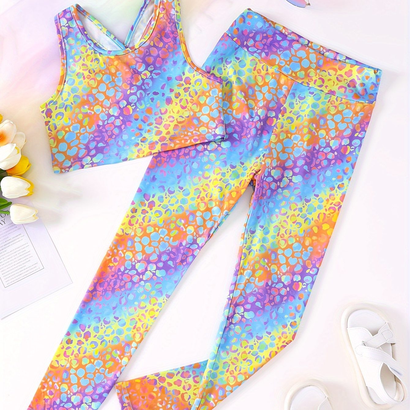 

Sporty Girls 2pcs Leopard Print Cross Strap Tank Top + High Waist Leopard Skinny Trousers Yoga Running Workout Set