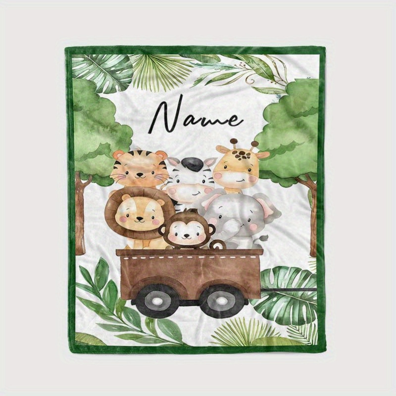 

1pc Custom Name Blanket, Cute Cartoon Forest Animal Tiger Elephant Blanket, Soft Nap Blanket, 4 Seasons Flannel Outdoor Blanket