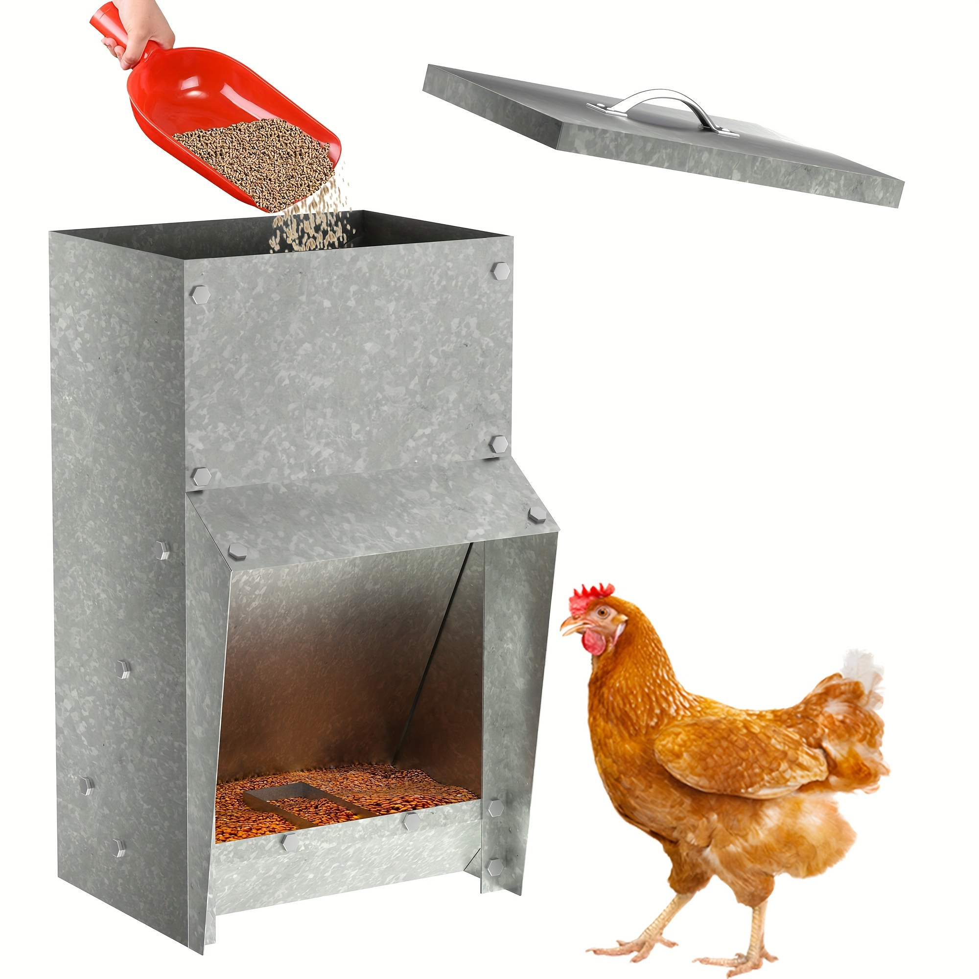 

12-30lbs Galvanized Chicken Feeder - Rat Proof Poultry Feeder With Lid Weatherproof Outdoor Coop Food Dispenser