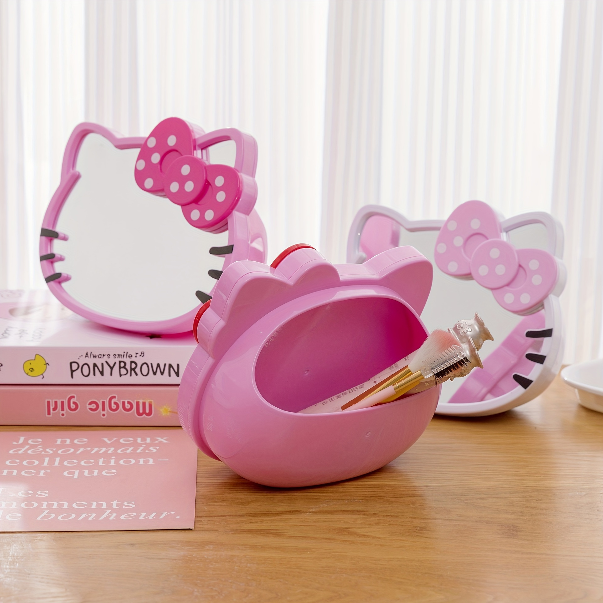 

Hello Kitty Makeup Mirror With Brush Holder, Cute Cartoon Desktop Vanity Mirror With Bow, Cosmetic Storage Accessory