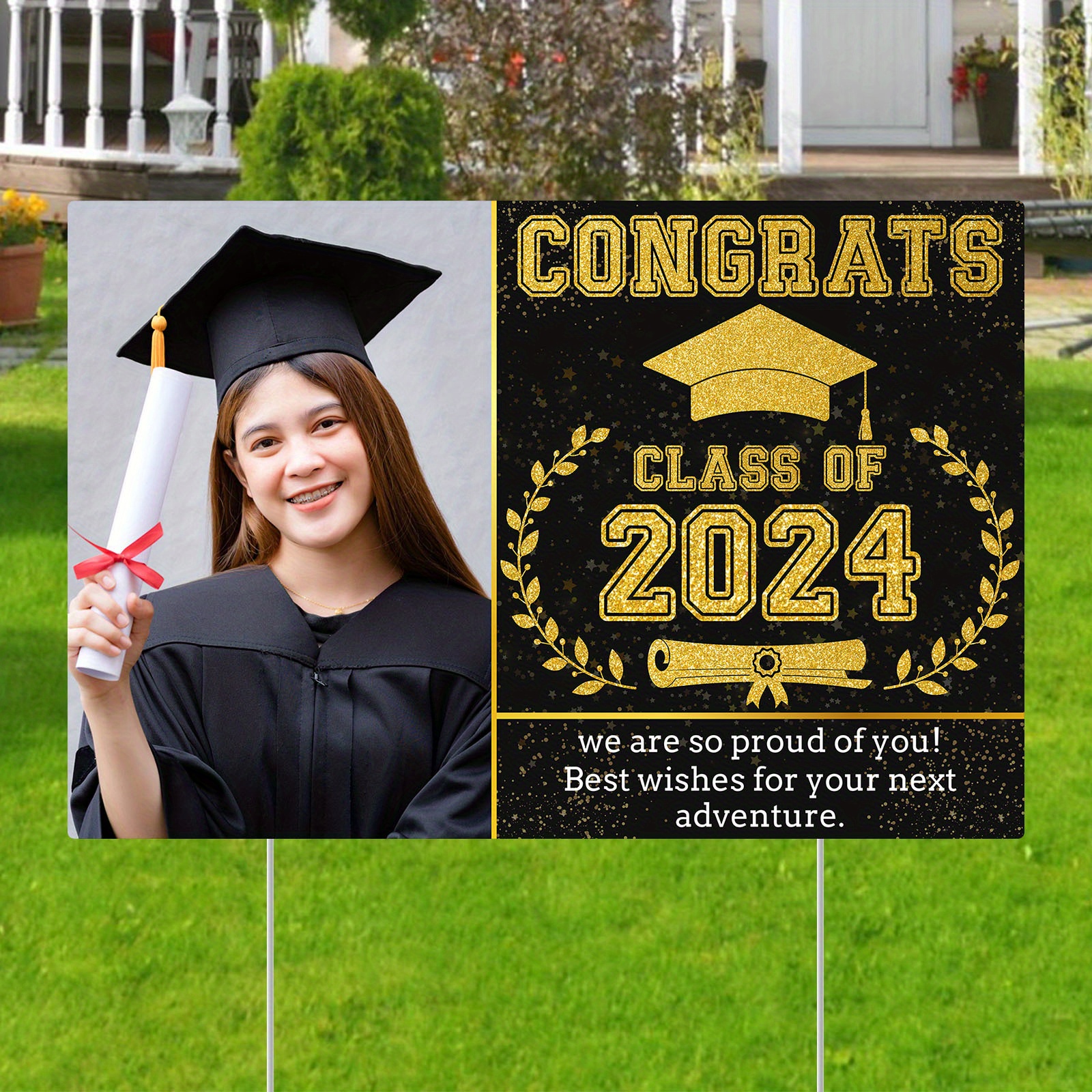 

1pc, Custom Graduation Backdrop, 2024 Graduation Party Decorations, Class Of 2024 Banner Yard Sign, Graduation 2024 Door Porch With Stakes