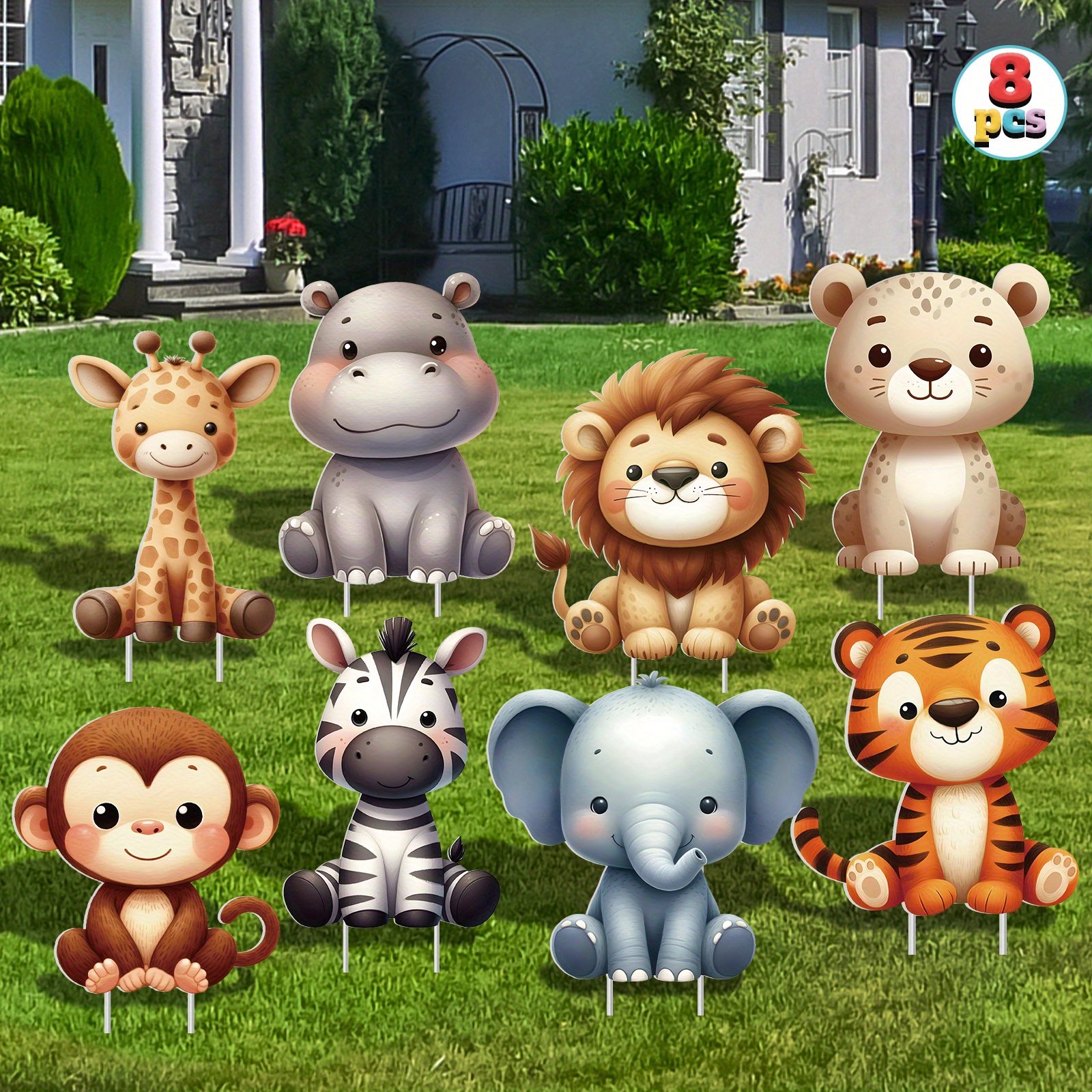 

8pcs Cute Jungle Animal Yard Signs With Stakes - Giraffe, Lion, Zebra, Elephant, Monkey, Tiger - Plastic Outdoor Party Decorations For Birthdays & Events, Jungle Theme Decorations