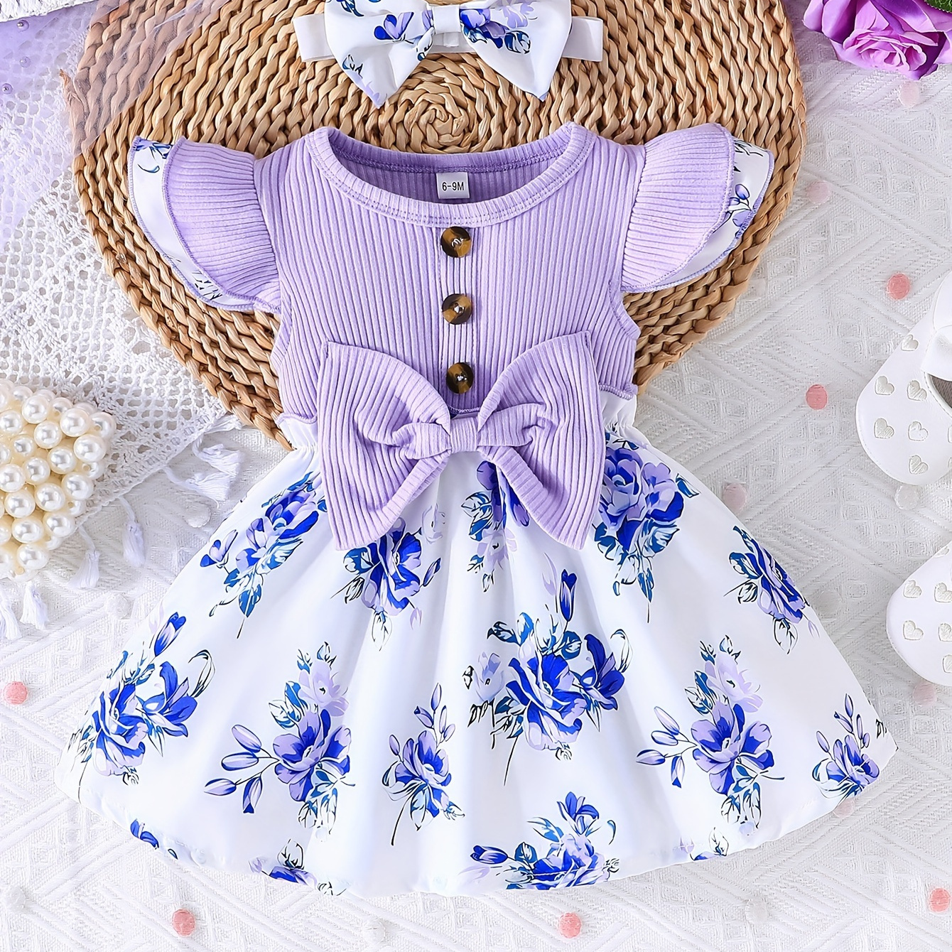 

Robe décontractée en coton avec nœud papillon pour bébé fille, robe à manches courtes à motif floral, vêtements pour bébé fille pour l'été