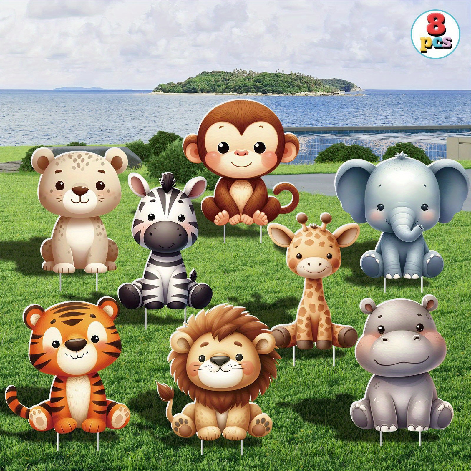 8pcs cute jungle animal yard signs with stakes   zebra giraffe elephant lion more for   birthday party decorations outdoor bouquet decor durable pp material 0