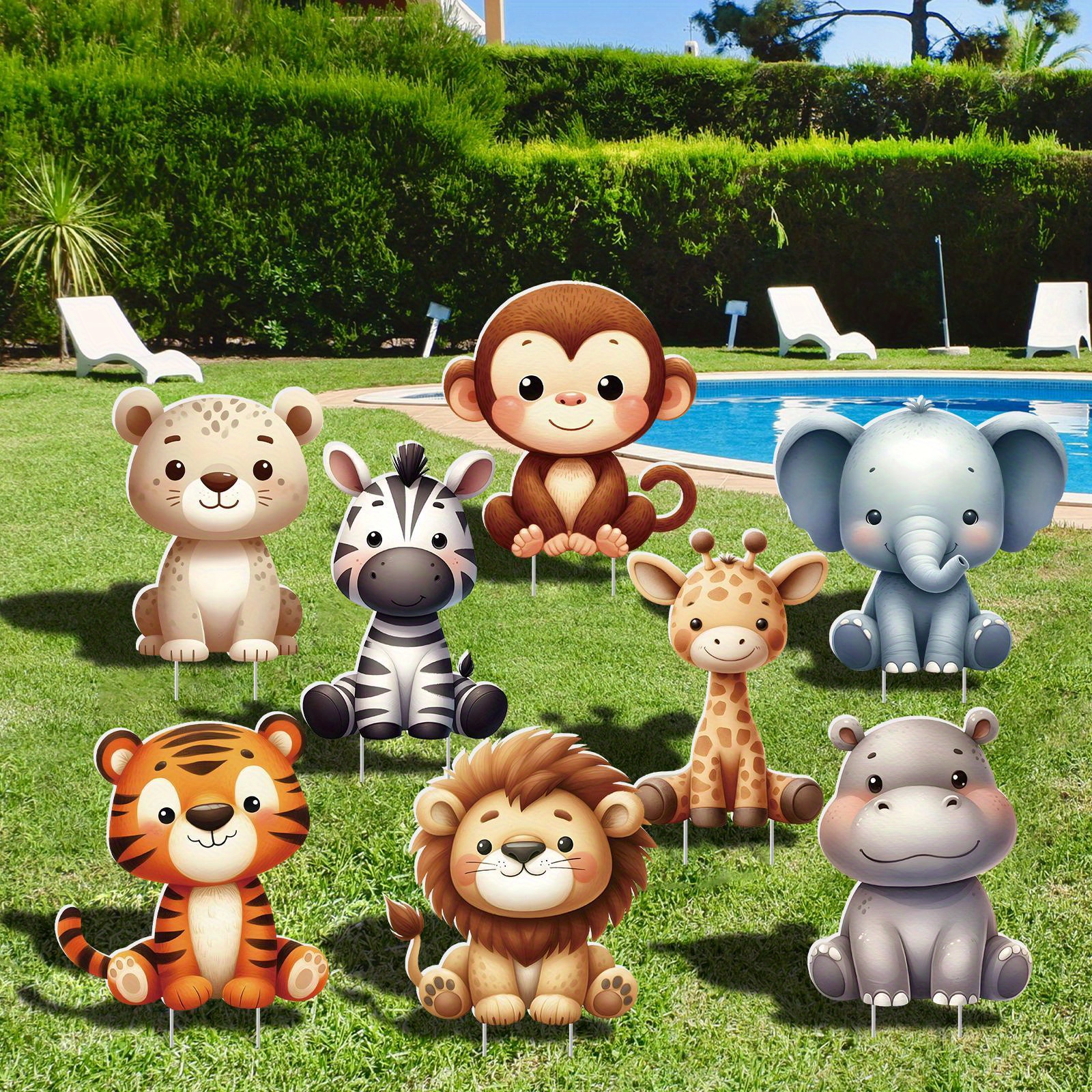 8pcs cute jungle animal yard signs with stakes   zebra giraffe elephant lion more for   birthday party decorations outdoor bouquet decor durable pp material