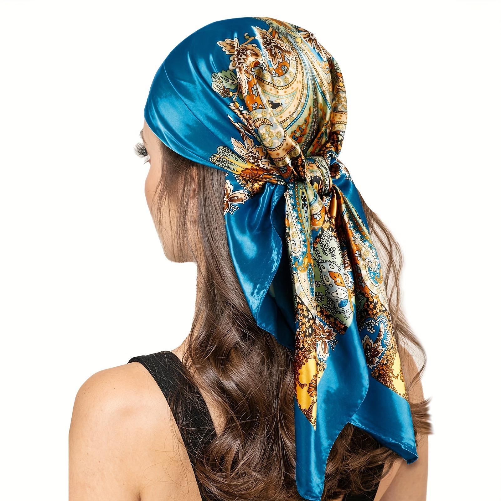 

35.43" Boho Bright Color Paisley Square Scarf, Thin Smooth Satin Shawl, Sunscreen Windproof Head Wrap For Women