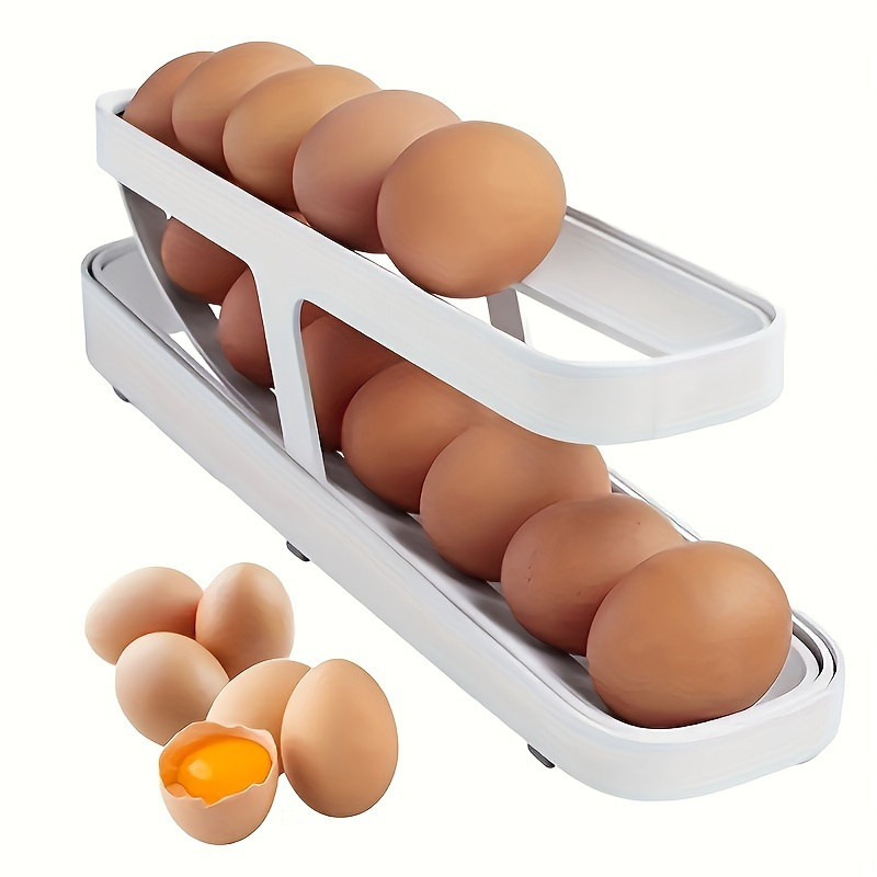 

1pc Plastic Egg Storage Box With Rolling Tray, Auto Roll Egg Holder, 14.1x3.4 Inches, Food Grade Fridge Door Side Mount Organizer Rack For Kitchen