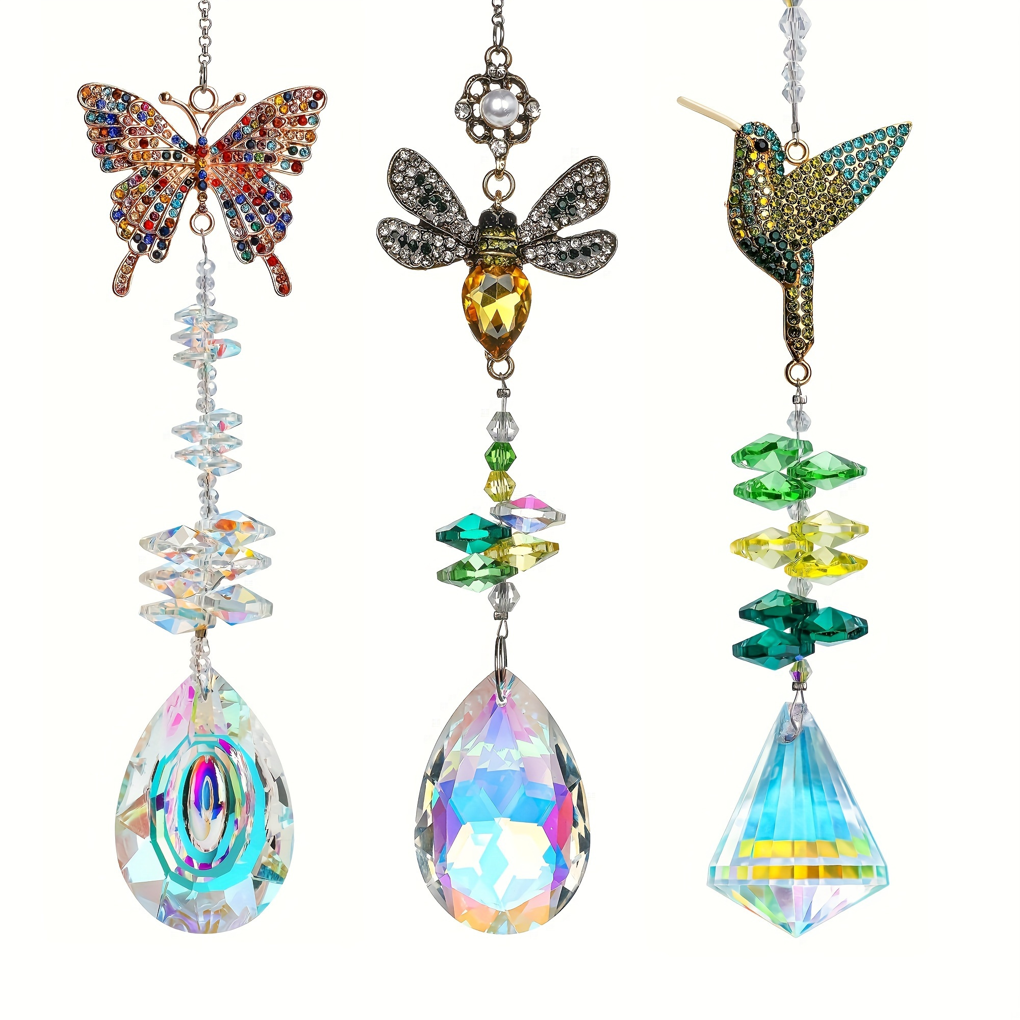 

3-piece Set K9 Crystal Sun Catchers - Colorful Prism Ornaments With Hummingbird, Bee & Butterfly Designs For Home Decor And Weddings