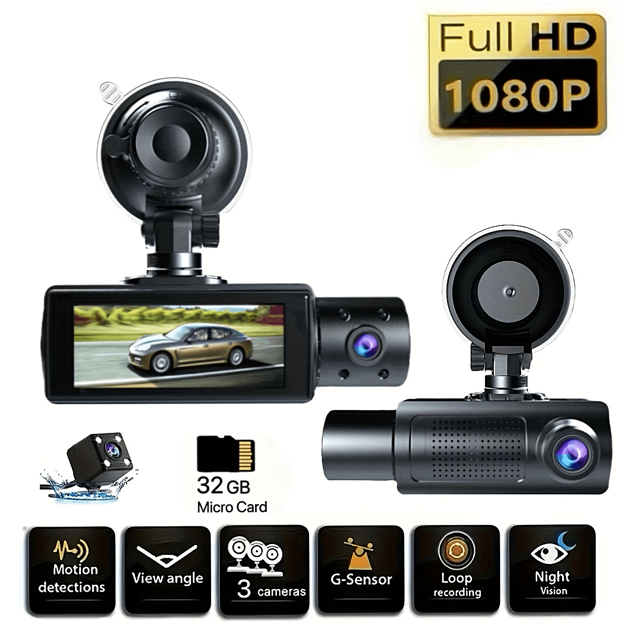 

1080p Dash Cam Front And Rear Interior, Infrared Night Vision, Loop Recording 3.16-inch Ips Screen Wide-angle Dash Cam, With 32g Card (3 Or 2 Lenses Optional)