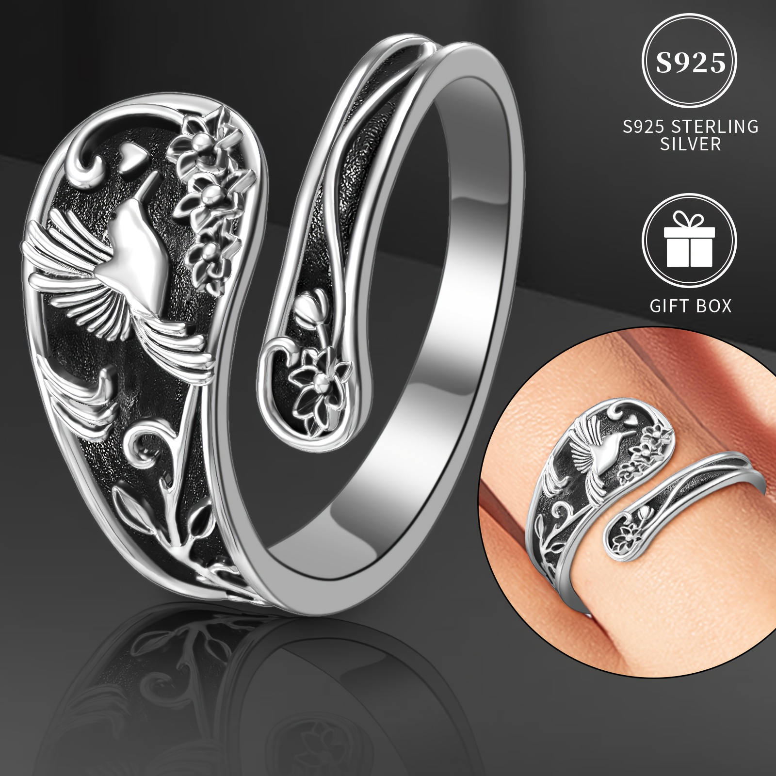 

925 Sterling Ring Hummingbird Three-dimensional Textured Ring Delicate Jewelry Vintage Hypoallergenic Classic Finger Ring Jewelry With Gift Box