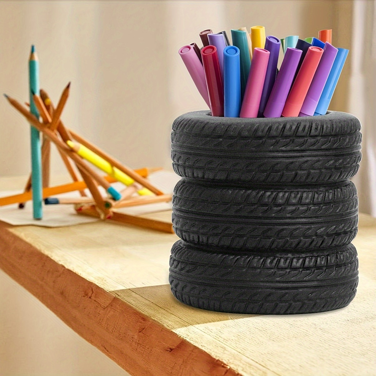 TEMU 1pc Stacked Pen Holders In Of Car Tires, Suitable For Work Desks, Student Pen Holders, Novelty Art Fun, Gift