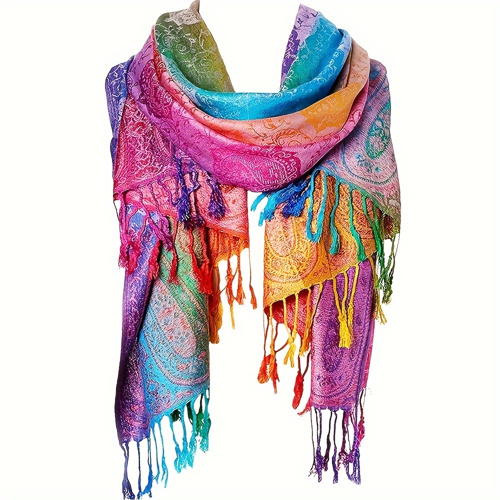 

Bohemian Style Paisley Floral Jacquard Shawl, Multicolor Fringe Scarf, Dual-purpose Windproof Warm Wrap For Women, Suitable For Mardi Gras