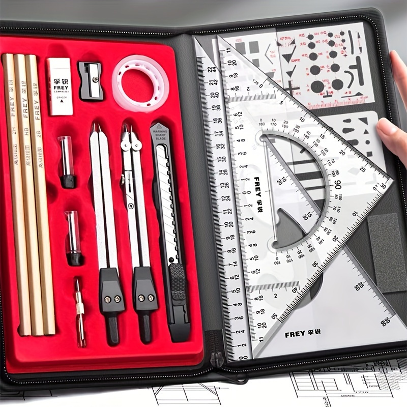 

19pcs Professional Compass Drawing Set With Aluminum Alloy - Architectural Mechanical Design Cad Drafting Tools Kit For College And Engineering - Complete Geometry Instrument Ruler Set