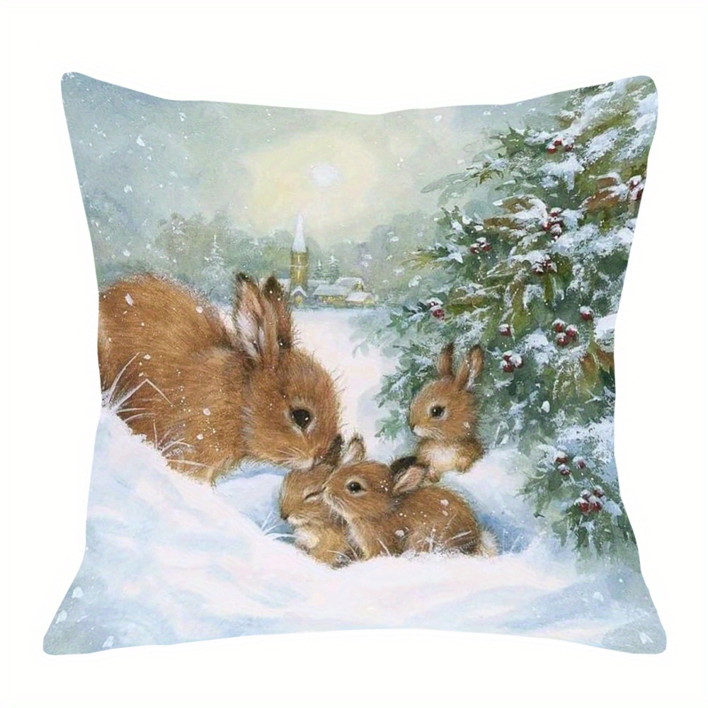 

Christmas Rabbit In Snow 18x18" Decorative Cushion Cover - Soft Polyester, Single-sided Print For Living Room & Bedroom Sofa