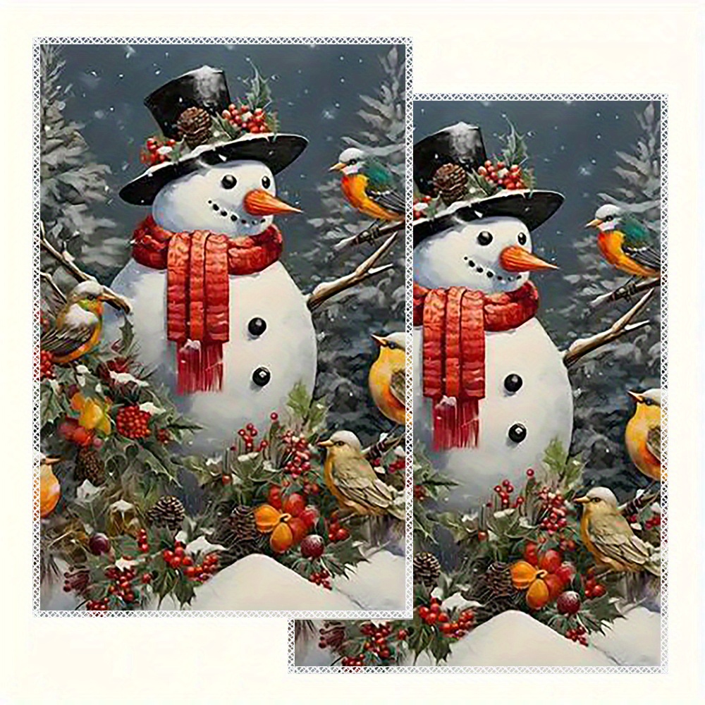 

Vintage Christmas Kitchen Towels Set Of 2, Machine Washable Polyester Dish Cloths, Snowman Cartoon Theme With Birds, Woven Oblong Dish Towels For Home Decor & Holiday Party Supplies, 16x24 Inch