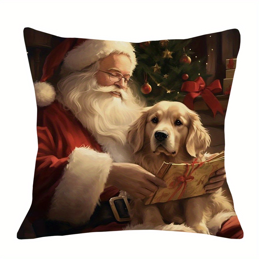 

1pc Contemporary Golden Retriever & Santa Decorative Throw Cover 18x18 Inch, Zippered Polyester Single-sided Print Cushion Case For Various Rooms, Machine Washable, Woven Technique - Dfsdj532