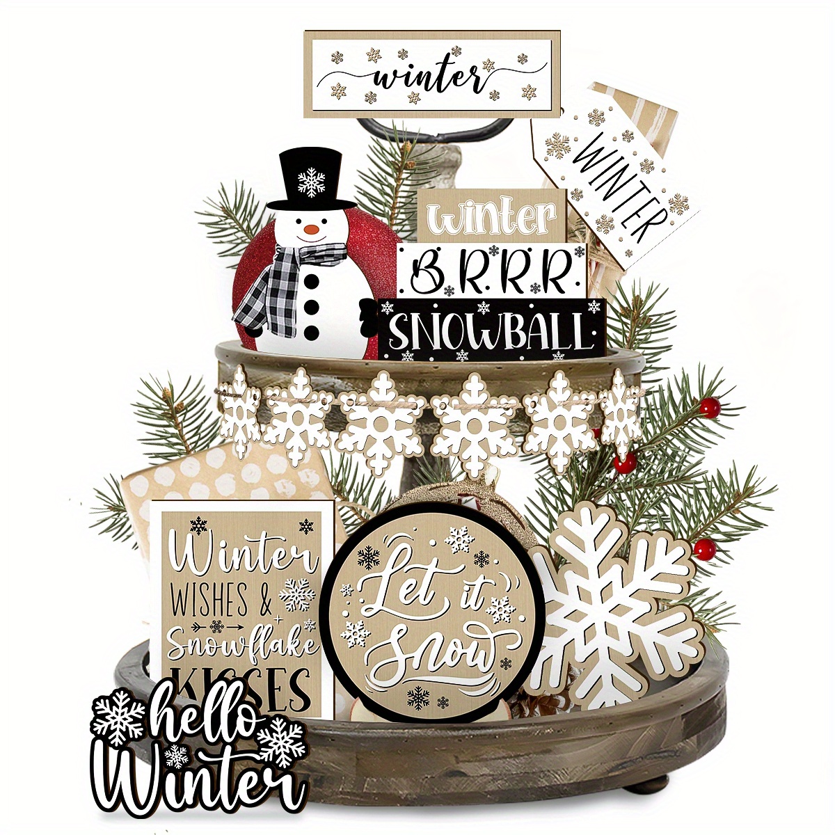 

Winter Tiered Tray Decoration Set - Snowman & Snowflake Wooden Signs, Hello Winter Table Centerpieces - Rustic Farmhouse Home Decor For Christmas, Mother's Day, Easter, Harvest, Spring & Fall (1 Set)