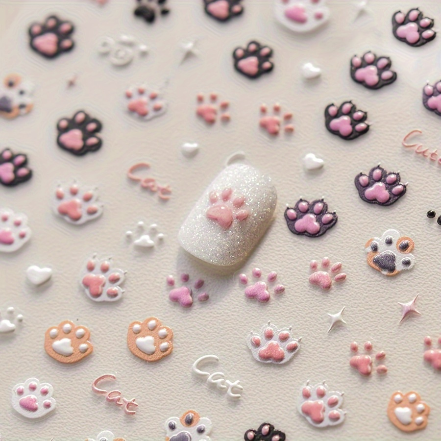 

Cute Cat Paw Nail Stickers, 5d Embossed Pvc, Cartoon Animal Design, Glitter , Self-adhesive, Embroidery Style, Use, Irregular Shapes, Animal Theme, Nail Art Accessories For Salon & Diy Manicure