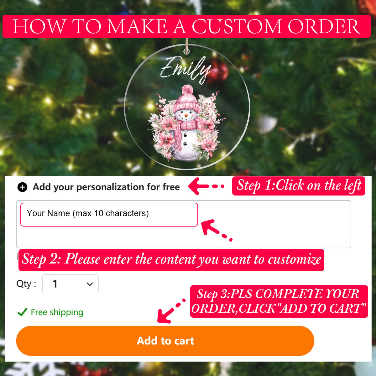 TEMU 2d Flat, Custom Acrylic Pink Snowman Christmas Ornament - Personalized Name Pendant Tree Decor, Gift For , Christmas Decoration
