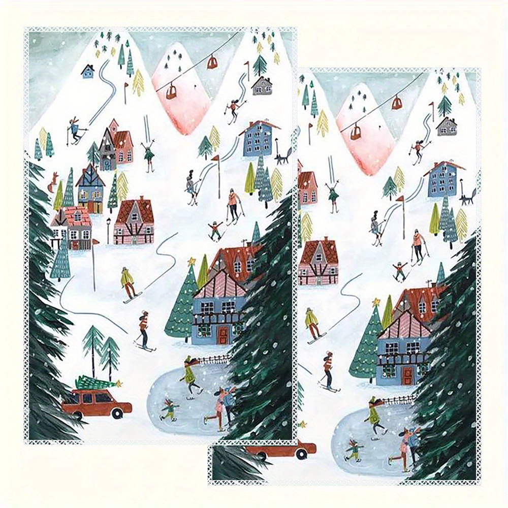 

2pcs Vintage Skiing Village Christmas Dish Towel Set - , Washable Polyester Kitchen Cleaning Cloths For Sink & Stove