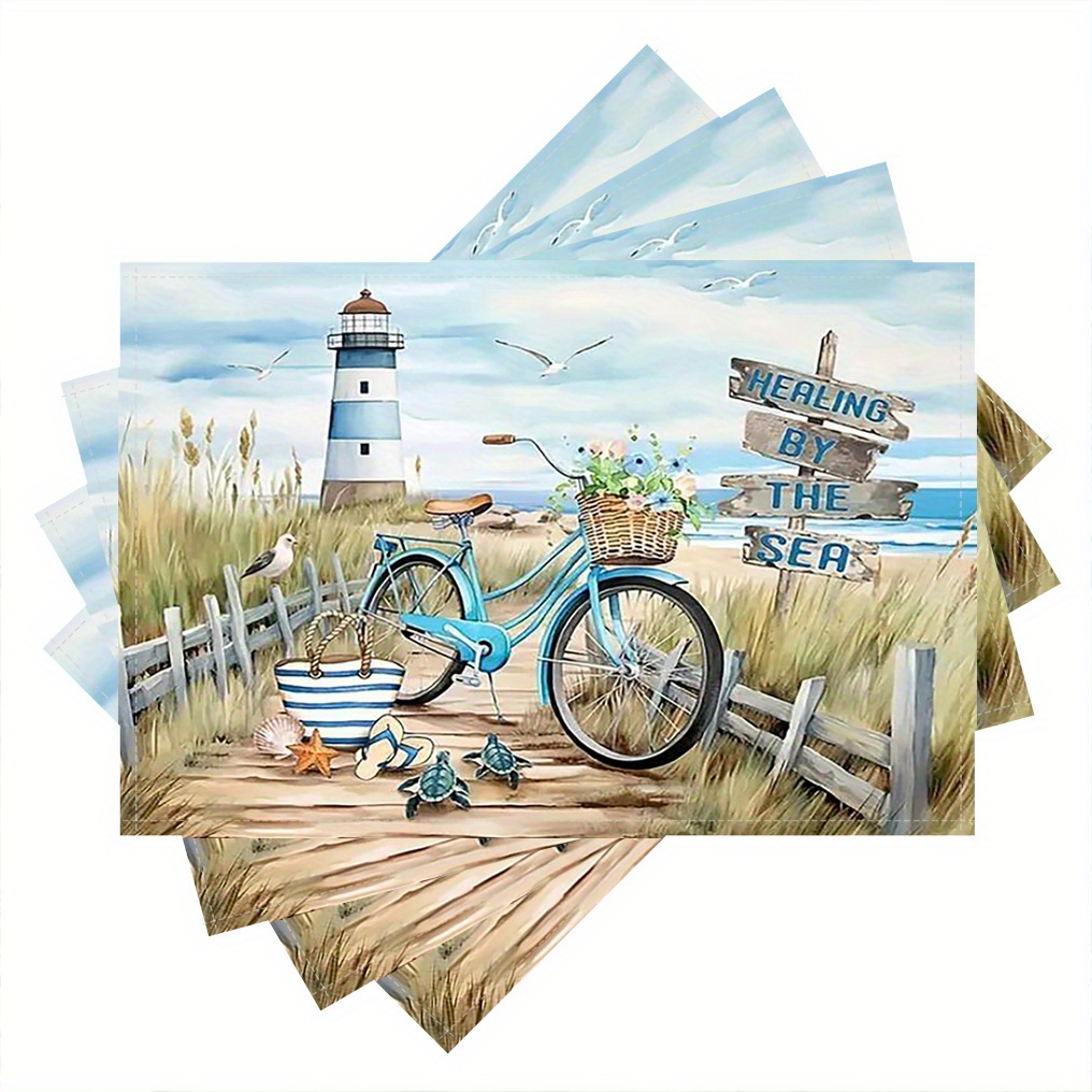 

4pcs Coastal Beach Lighthouse & Vintage Bicycle Design Placemats, 12x18 Inch Rectangular Linen Table Mats, Machine Washable, Woven Fabric, For Kitchen & Dining Decor, Home & Restaurant Use